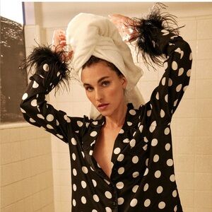 Nasty Gal Black and White Polka Dot Satin Pajama Set with Feathers - size 4